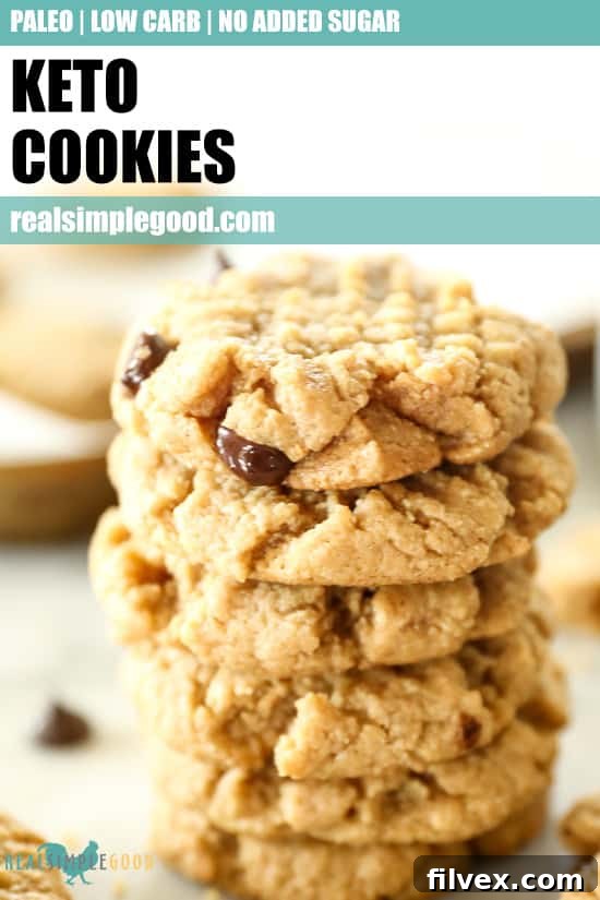 Close up stack of keto cookies with text overlay at top for pinterest. 