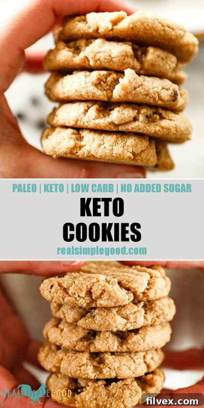 Two close up images of holding a stack of keto cookies with text overlay in the middle for pinterest. 