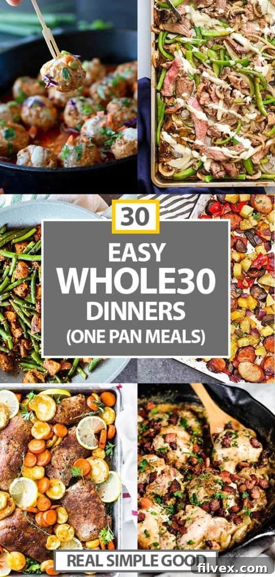 30 one pan meals vertical collage with text in the middle