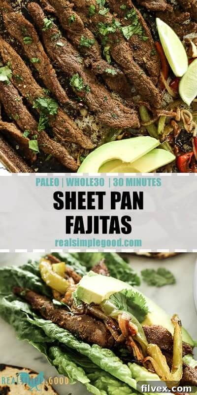 Two close up of images of sheet pan fajitas with text overlay in the middle. 