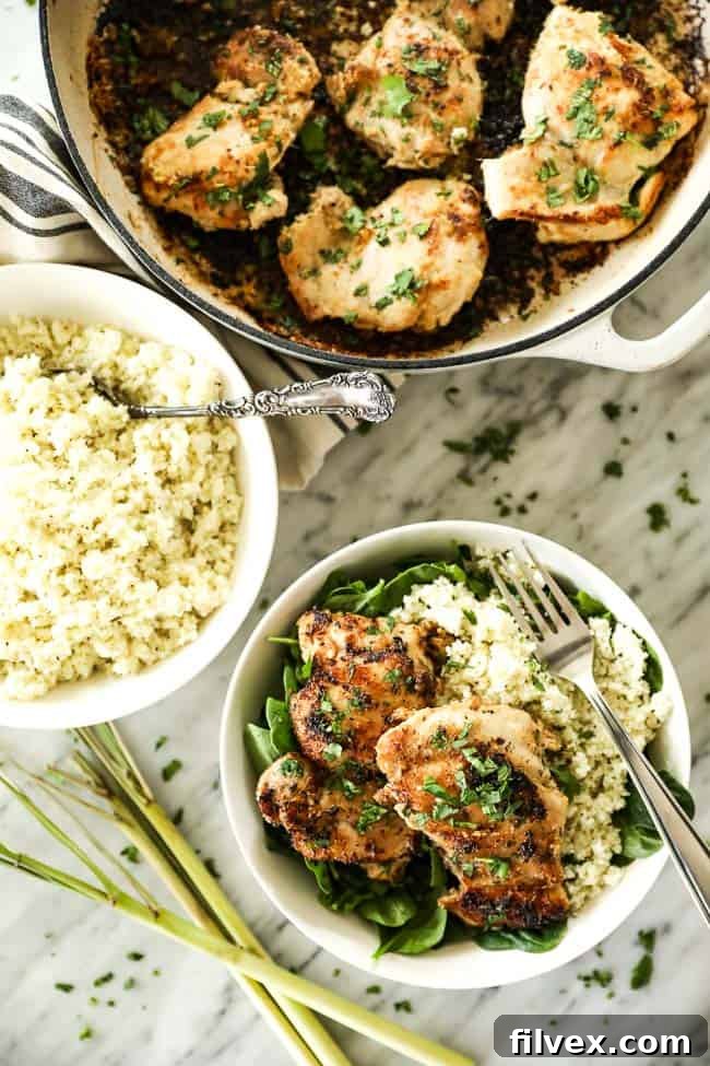 A two-part image showing lemongrass chicken: in a skillet with a serving spoon, and a complete meal bowl with greens, cauliflower rice, and chicken.