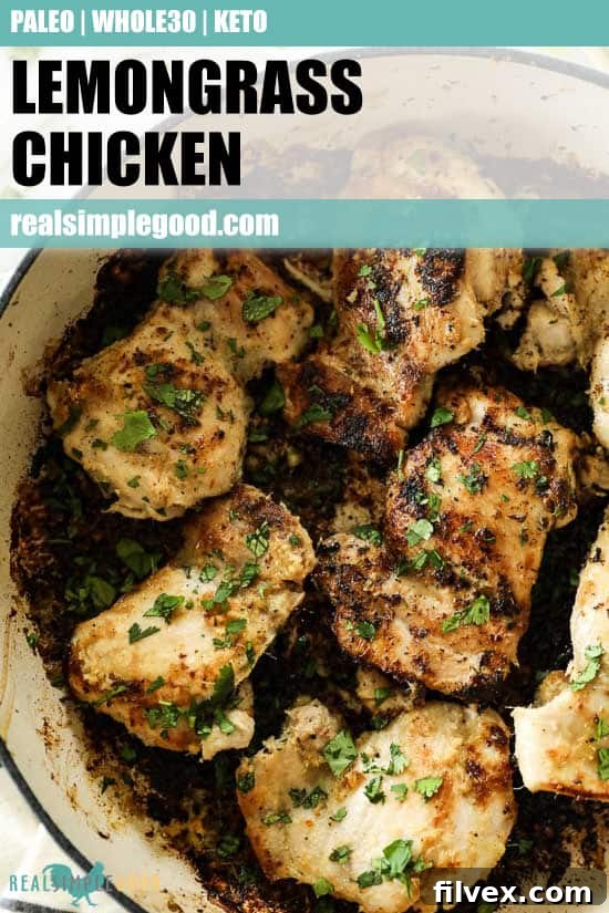 Close-up of lemongrass chicken in a skillet, with a text overlay for Pinterest promoting the recipe.