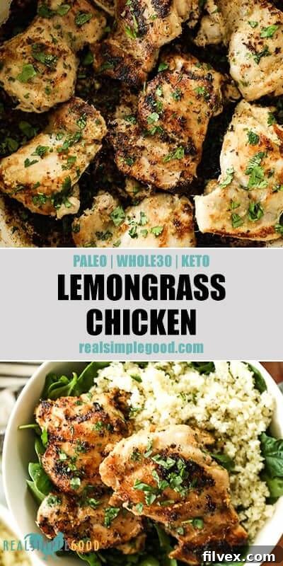 A Pinterest collage featuring two images of lemongrass chicken with descriptive text. The top image shows chicken in a pan, and the bottom image shows a completed meal bowl.