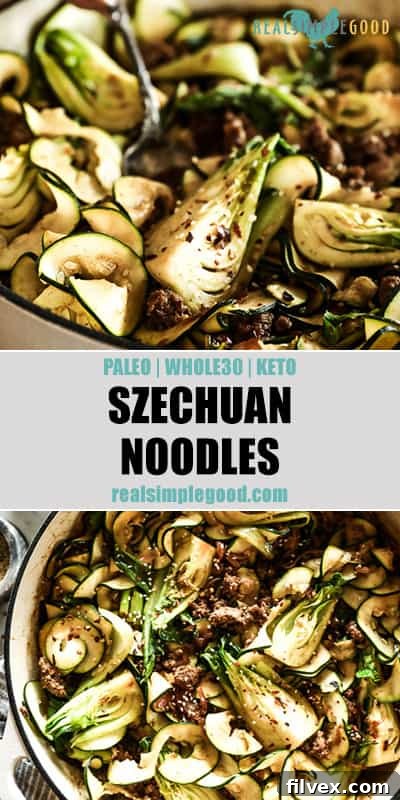 Two close up images of Szechuan noodles in skillet with text overlay in the middle for pinterest. 