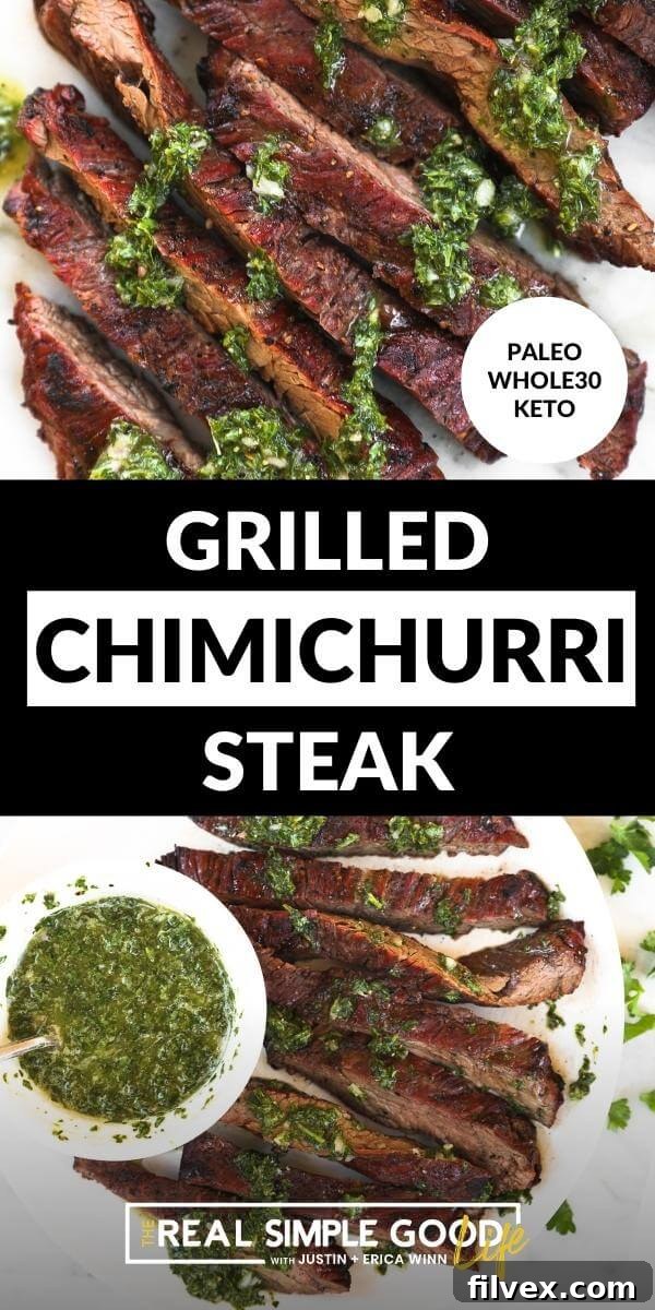 Split image with text in middle. Close up of sliced steak and sauce on top and steak on a plate with chimichurri sauce on bottom