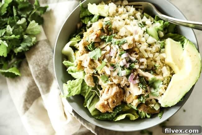 A vibrant bowl of Mexican shredded chicken served over fresh romaine lettuce and fluffy cauliflower rice, garnished with creamy avocado, finely chopped red onion, and fresh cilantro. It's a healthy, flavorful, and low-carb meal.