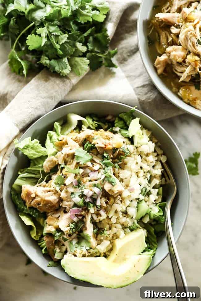 A beautifully presented bowl of Mexican shredded chicken, arranged over a bed of fresh romaine lettuce and fluffy cauliflower rice, artfully topped with creamy avocado slices, vibrant chopped red onion, and fresh cilantro sprigs.