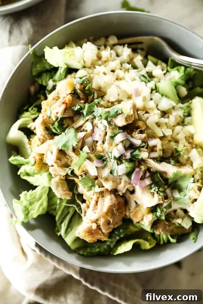 A close-up view of succulent Mexican shredded chicken in a bowl, perfectly nestled with crisp romaine lettuce and fluffy cauliflower rice, beautifully finished with fresh avocado slices, finely chopped red onion, and vibrant cilantro.