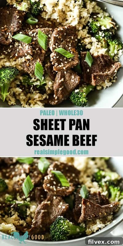 Two close-up images of sheet pan sesame beef in bowls with cauliflower rice and broccoli, ideal for social sharing. 