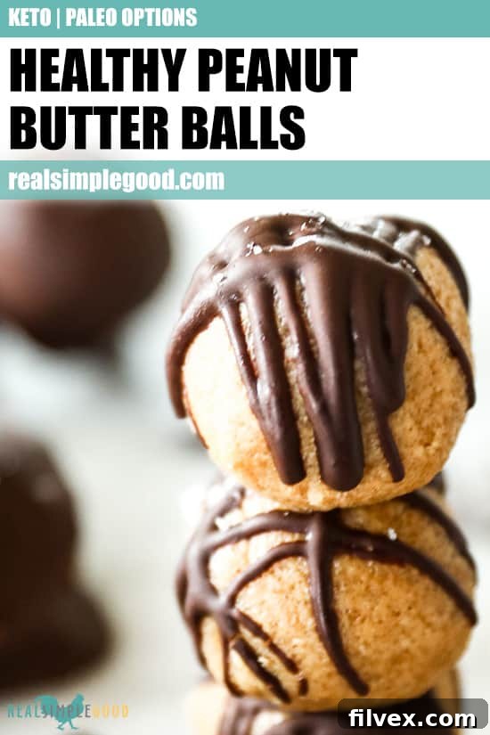 A stack of beautifully chocolate-drizzled peanut butter balls, inviting you to enjoy these healthy, low-carb, and Paleo-friendly energy bites. Perfect for a quick snack or dessert.