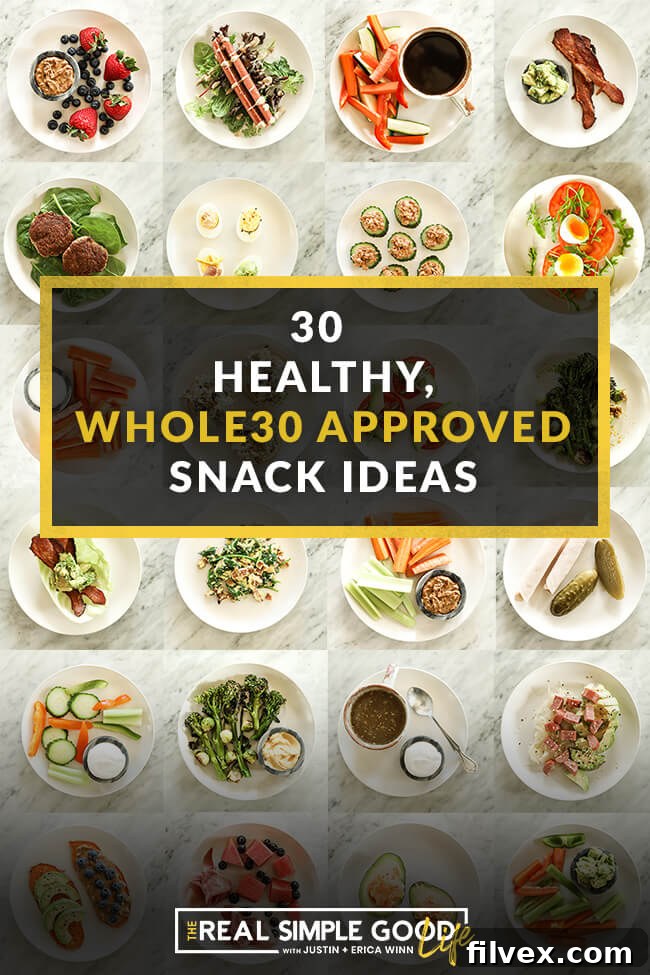 Collage image of 24 individual plates with snacks on them with text in the middle saying 30 healthy whole30 approved snack ideas