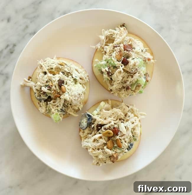 Round apple slices topped with chicken salad on a plate