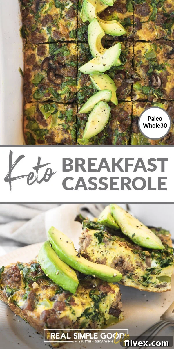 Spit image with text in middle. Sliced egg casserole in dish on top and pieces of casserole on a plate on bottom