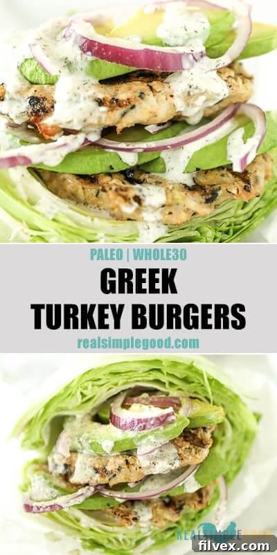 Two close-up images of Greek turkey burgers wrapped in lettuce, featuring abundant tzatziki sauce, avocado, and red onion. A text overlay between the images suggests pinning the recipe.