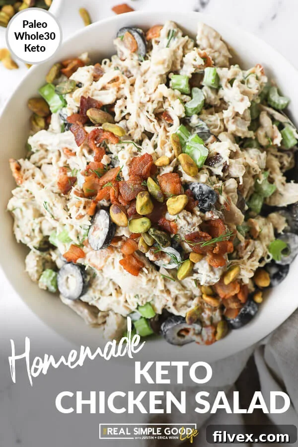 Vertical overhead close up image of keto chicken salad in a bowl with text overlay at top, inspiring sharing.