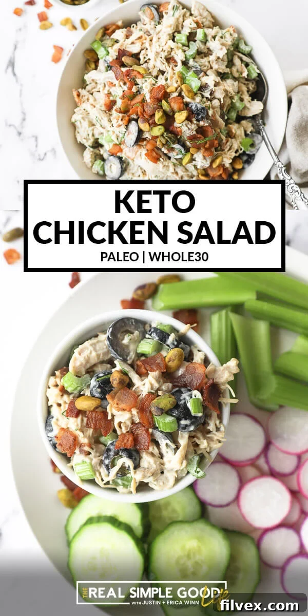 Vertical split image with text overlay in the middle. Top image is of chicken salad in a bowl with a spoon. Bottom image is of chicken salad in a ramekin with veggies to dip into it on the side, showcasing versatility.