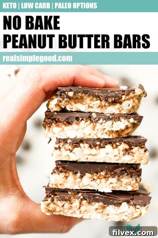 Close-up image of a hand gracefully holding a stack of three delicious peanut butter bars, featuring a stylish text overlay at the top encouraging viewers to 'Pin for later' on Pinterest.