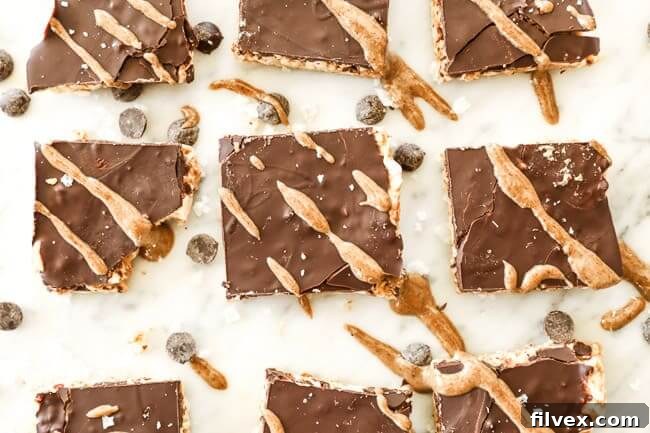 Perfectly arranged, bite-sized peanut butter bars on a polished marble surface, adorned with extra chocolate chips and a delicate sprinkle of sea salt. A generous drizzle of rich nut butter enhances their visual appeal, ready to be served.