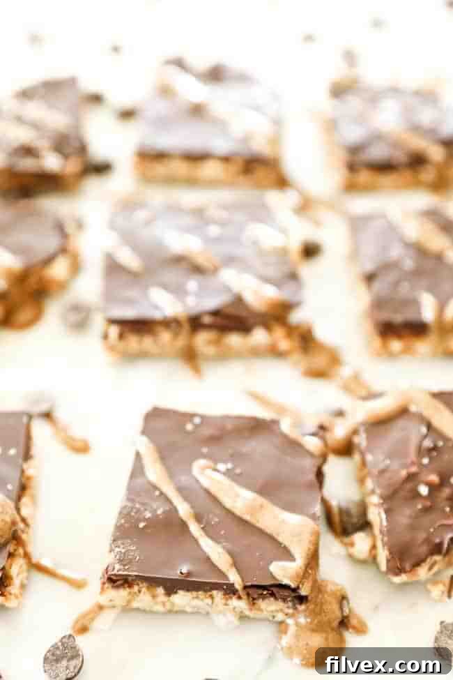 An enticing angled shot of freshly made Paleo + Keto no-bake peanut butter bars, beautifully drizzled with extra nut butter and generously sprinkled with coarse sea salt on top, creating a visually appealing and delicious snack.
