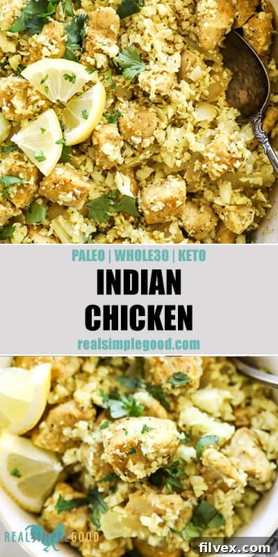 Overhead shot of Indian chicken in pan and in a bowl. Text in middle: 'Indian Chicken Recipe'