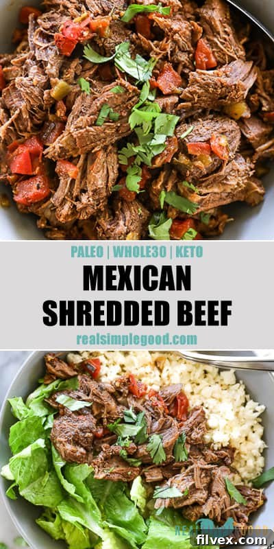 Mexican shredded beef split vertical image with text in middle. Beef in bowl on top and beef with rice and lettuce on bottom