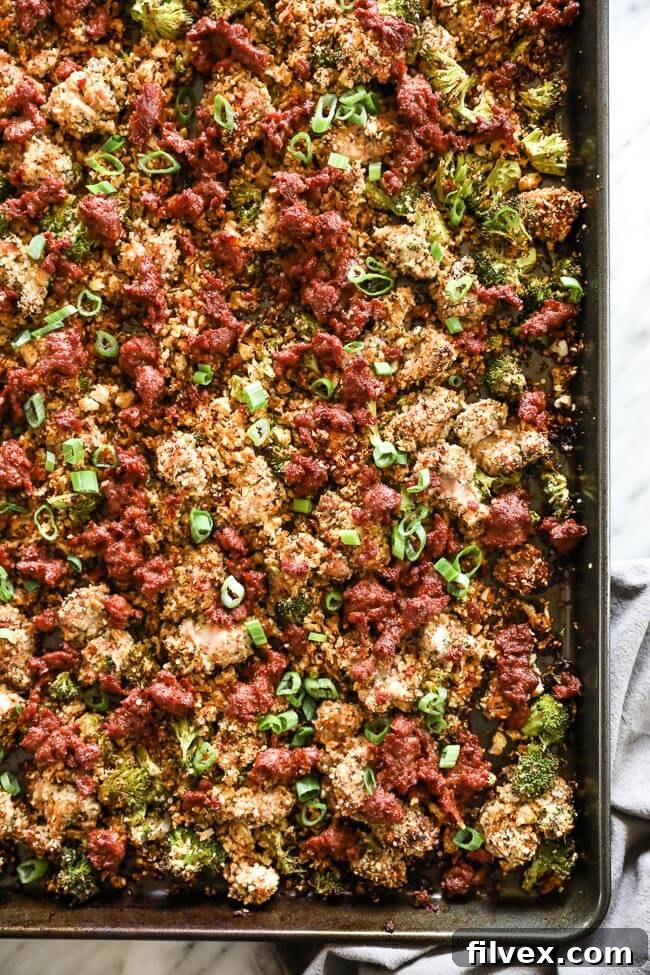 Easy chicken and chorizo bake on sheet pan overhead vertical shot