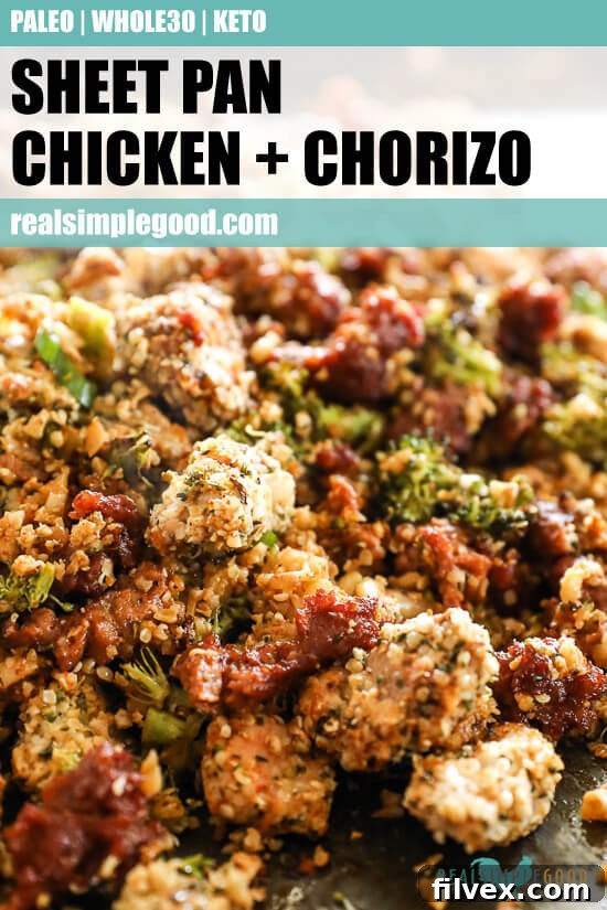 Easy chicken and chorizo bake close up on a sheet pan at an angle with text overlay at top. 