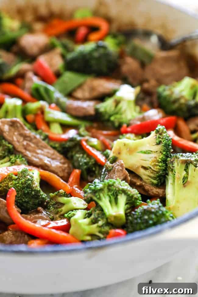 Close up of teriyaki beef recipe in pan with broccoli and peppers