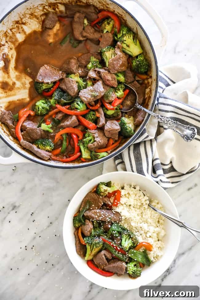 Overhead shot of teriyaki beef recipe in pan with spoon. Teriyaki beef in bowl with cauliflower rice and spoon.