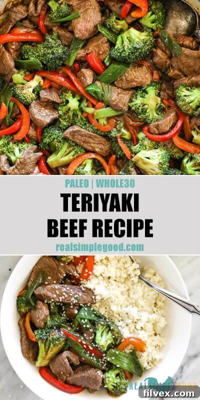 Split image with text in middle. Close up of teriyaki beef in pan on top and teriyaki beef in bowl with cauliflower rice on bottom.