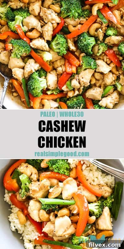 Two overhead images of cashew chicken with text overlay in the middle for pinterest. Top image in skillet with serving spoon and bottom image in bowl over cauliflower rice.