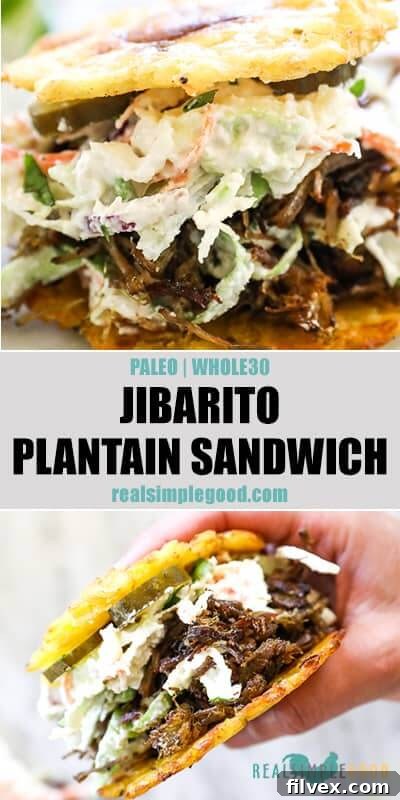 Split image with text in the middle. Top image close up of jibarito and bottom image holding sandwich. 