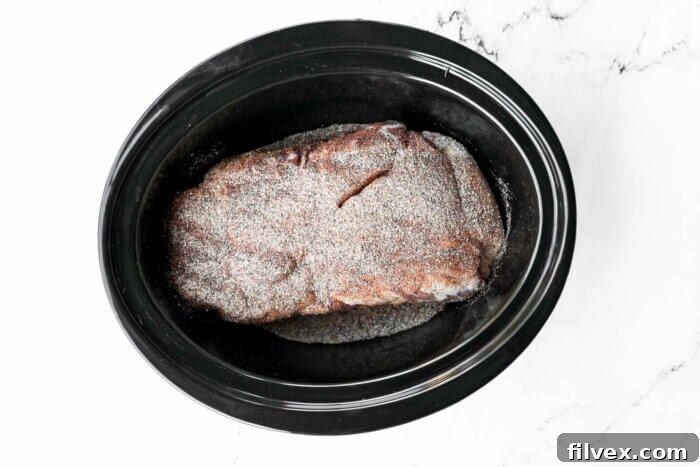 Pork butt seasoned with spice rub in a slow cooker