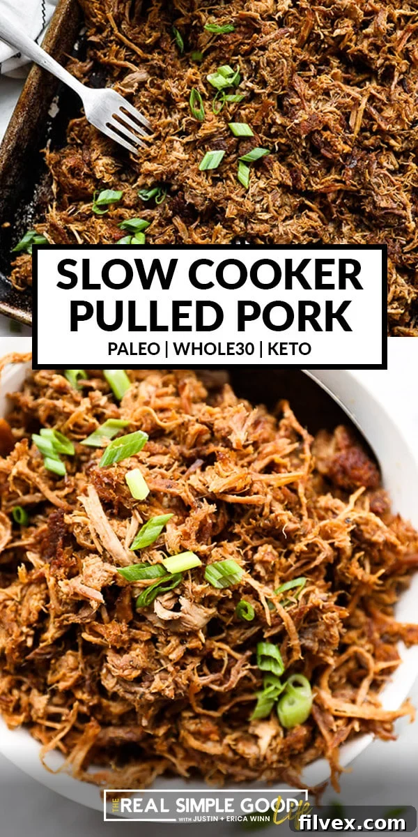 Large image of shredded slow cooker pulled pork ready to be served