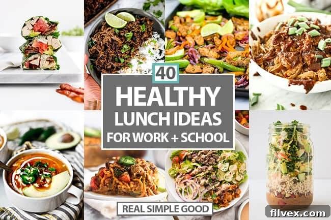 Healthy lunch ideas for work or school horizontal collage with text in the middle