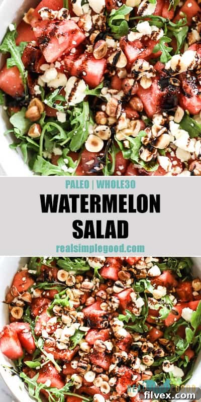Two overhead images of vibrant watermelon salad in a large serving bowl, featuring fresh watermelon, arugula, hazelnuts, balsamic, and optional feta. Text overlay between images for Pinterest.