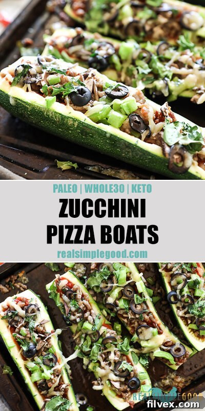Two vertical images of zucchini pizza boats on sheet pan with text in the middle. Loaded with marinara sauce, italian sausage, bell pepper, mushrooms, olives and cheese. Fresh basil sprinkled on top.