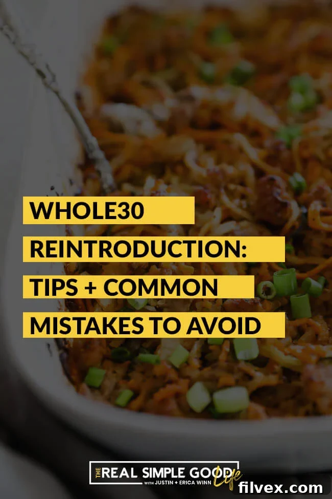 Vertical image of Whole30 casserole with text overlay about doing a Whole30 reintroduction. 