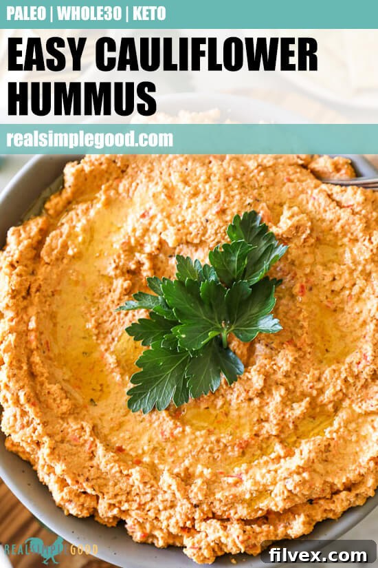 Overhead shot of a bowl of easy cauliflower hummus with a spoon, framed by text at the top, emphasizing its deliciousness.