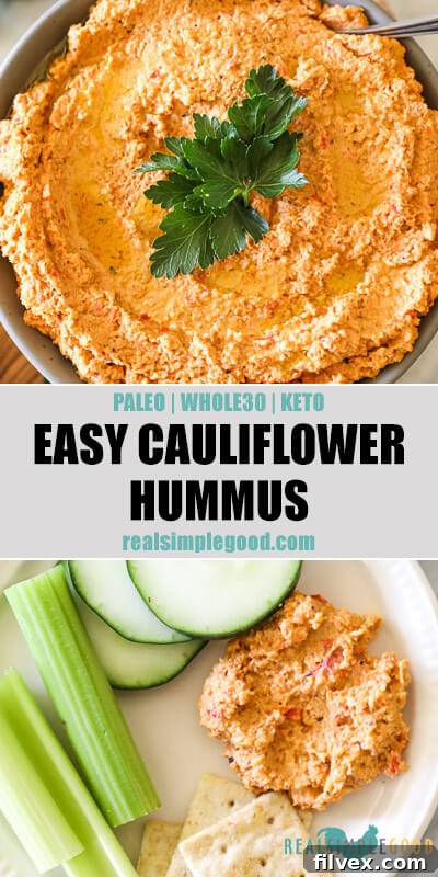 A split image featuring easy cauliflower hummus. The top shows a close-up in a bowl with a spoon, and the bottom displays the hummus on a plate with fresh vegetables, with descriptive text in the middle.