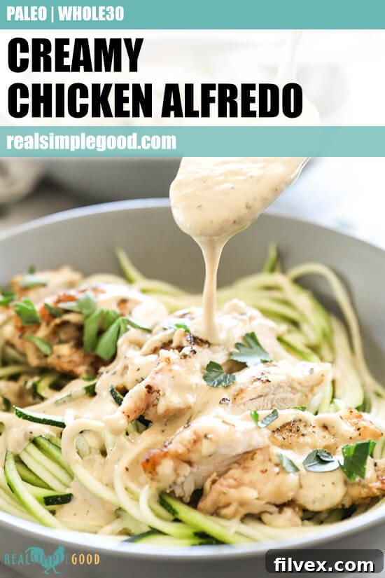Close up angled image of spooning sauce over creamy chicken alfredo in a bowl with text overlay at top. 
