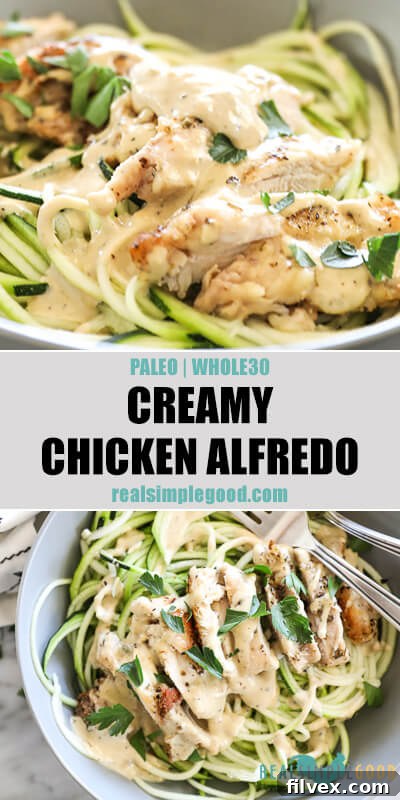 Two close up images of creamy chicken alfredo in a bowl with text overlay in the middle. 