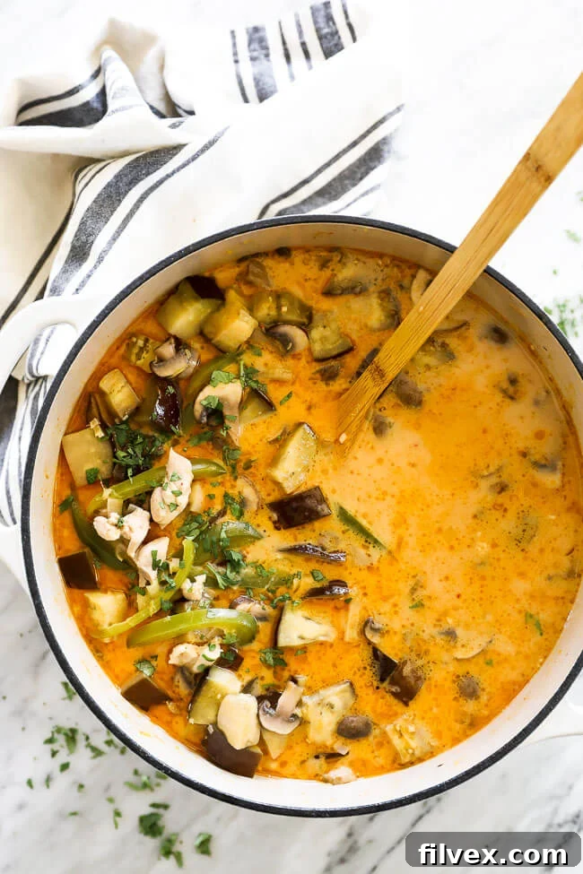 A vibrant pot of chicken coconut curry soup, garnished with fresh cilantro, ready to be served. Overhead shot.