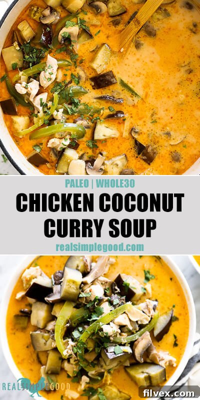 Split image showing chicken coconut curry soup in a pot with a spoon at the top, and in a bowl at the bottom, emphasizing its comforting appeal.