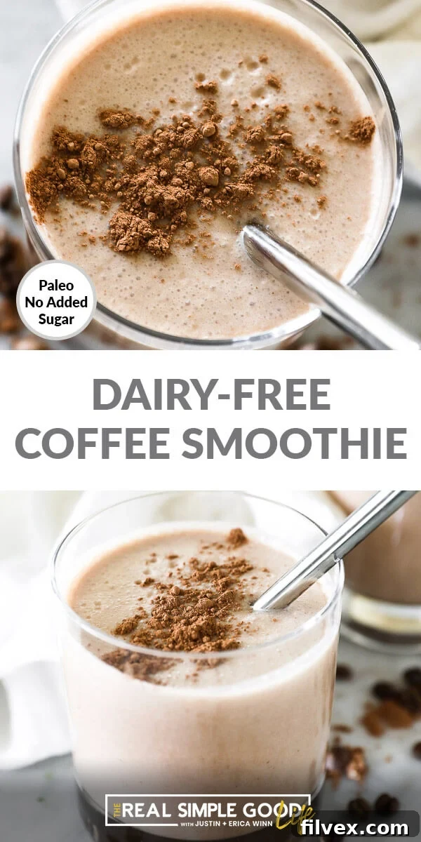 Split vertical image with text overlay in the middle. Top image overhead shot of smoothie with cacao sprinkled on top and a stainless steel straw. Bottom image angled shot of coffee smoothie in glass with cacao and straw. 