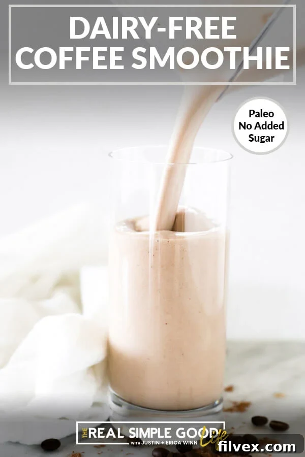 Vertical image of pouring smoothing into a glass with text overlay at the top.