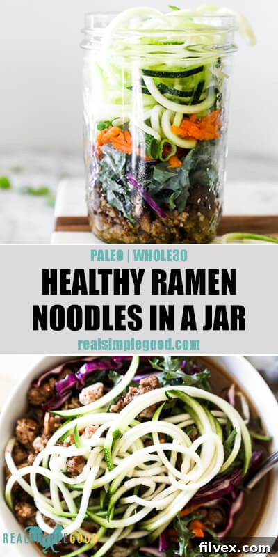 Two images stacked with text overlay in the middle. Top image of healthy ramen noodles in a jar and bottom image in a bowl. 