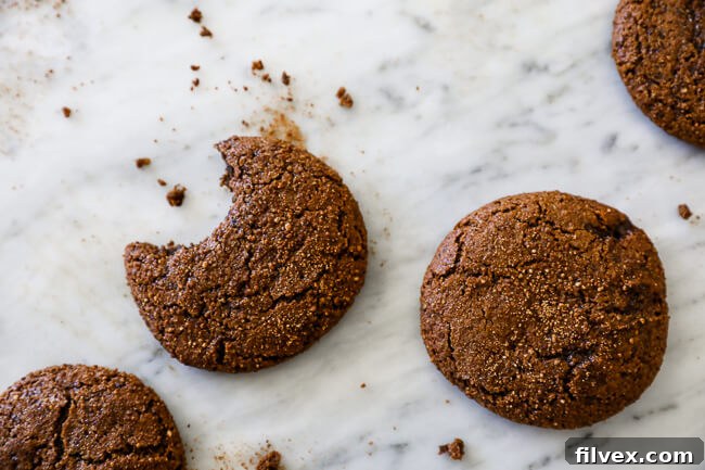 Overhead horizontal image of ginger molasses cookies on marble with a bite taken out of one cookie.