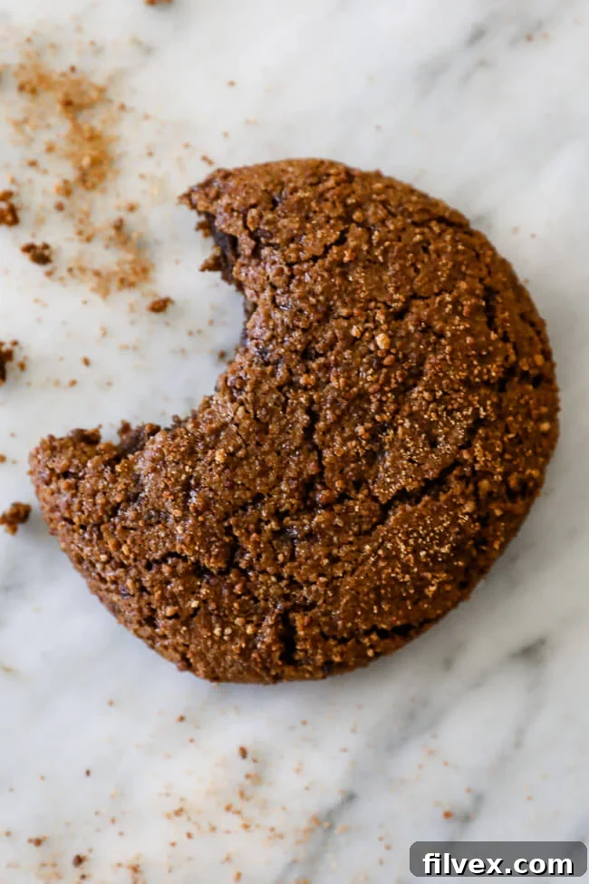 Overhead vertical image of one ginger molasses cookie with a bite taken out of it. 
