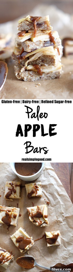 Stacked Paleo Apple Bars drizzled with caramel, highlighting their delicious and healthy appeal for fall desserts. | realsimplegood.com